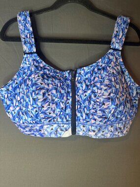SHEFIT Ultimate Sports Bra 2Luxe Blue Geometric High Impact Front Zip Adjustable